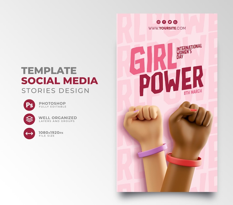 PSD dia internacional da mulher pós mídia social poder feminino feminismo 3d renderização dos desenhos animados da mão
