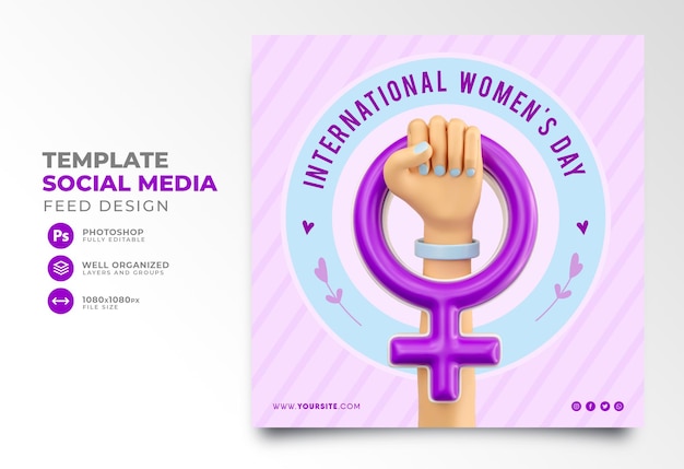 PSD dia internacional da mulher post mídia social 3d renderização de mãos cartoon 8 de março