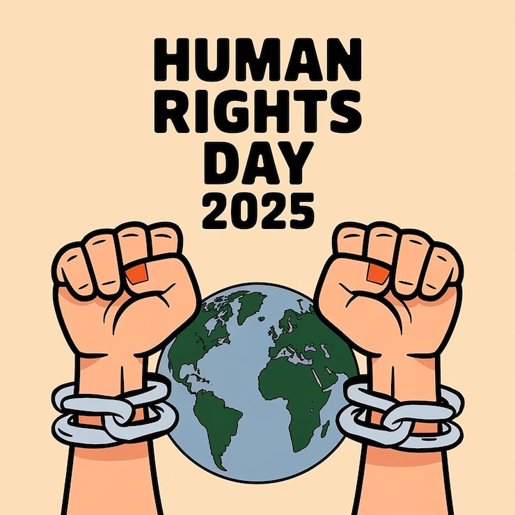 PSD día internacional de los derechos humanos puño levantado rompiendo la cadena vector abstracto ilustración des