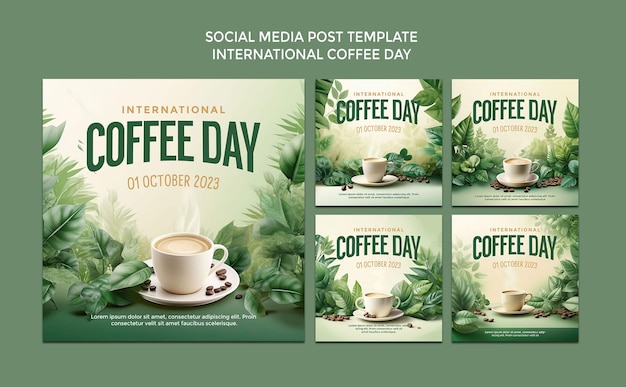 Dia Internacional do Café Mídia Social Post Flyer PSD Template Verde Cor Natural Paisagem 3D