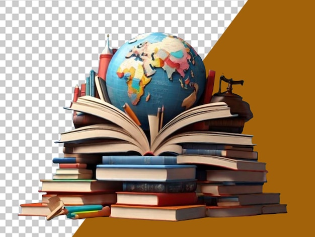 Día internacional de la educación montaña de libros con globo