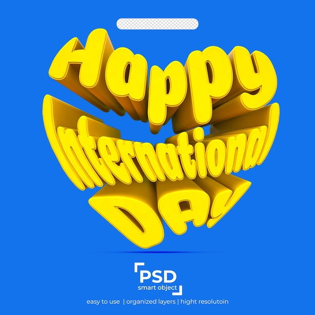 Día Internacional en forma de corazón 3D sobre fondo aislado con color amarillo blanco
