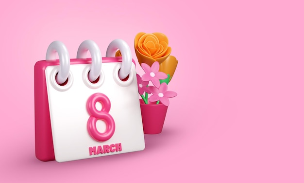 PSD día internacional de la mujer 3d render 8 de marzo texto en fondo rosado