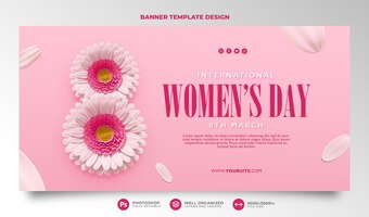 PSD día internacional de la mujer banner 3d render manos dibujos animados 8 marzo flores
