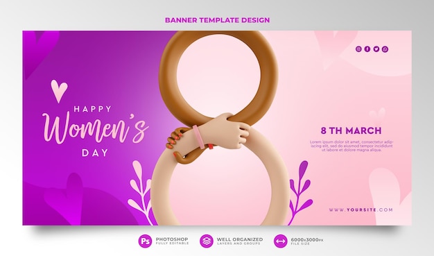 Día internacional de la mujer banner 3d render manos dibujos animados 8 de marzo