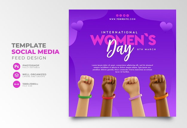 PSD día internacional de la mujer publicación en redes sociales 3d render mano dibujos animados