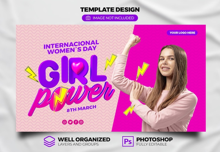 PSD día internacional de la mujer publicación redes sociales render 3d 8 de marzo girl power