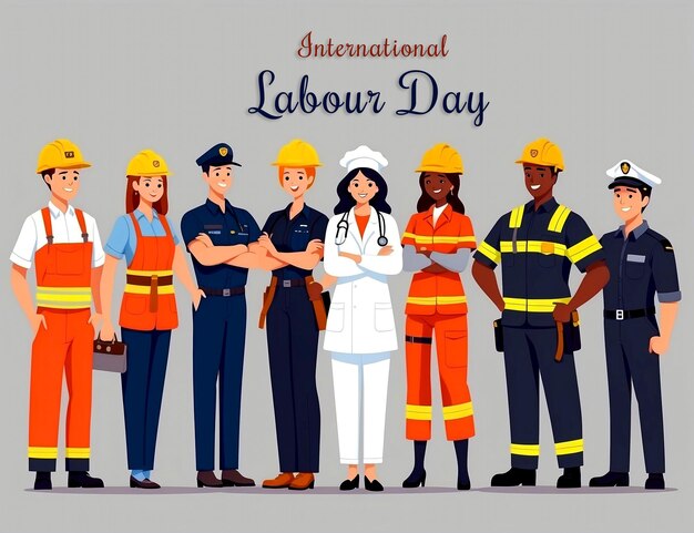 PSD día internacional del trabajo 1 de mayo pancarta psd con trabajadores con diferentes ocupaciones vector