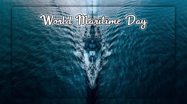 Día marítimo mundial con el mar y el barco en azul celebración náutica para el diseño de publicaciones en las redes sociales