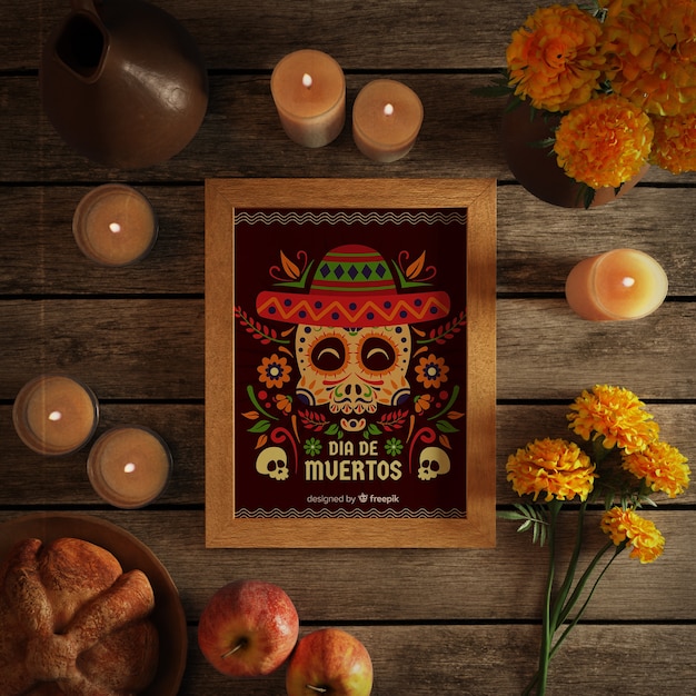 Dia de muertos crâne avec sombrero vue de dessus