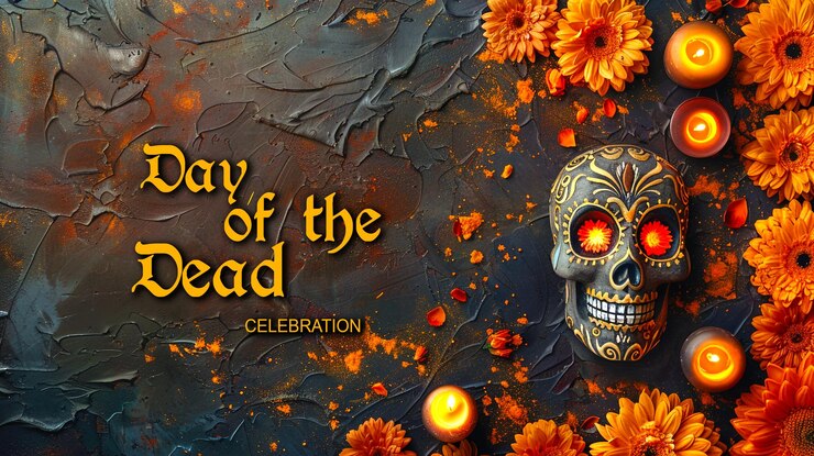 PSD día de los muertos un cráneo con una flor en el fondo