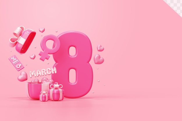 Día de la mujer 8 de marzo Texto grande con caja de regalo banner evento promoción venta maqueta 3d fondo rosa