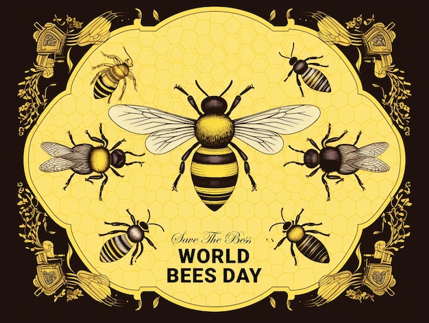 PSD día mundial de las abejas modernas con fondo de estilo vintage