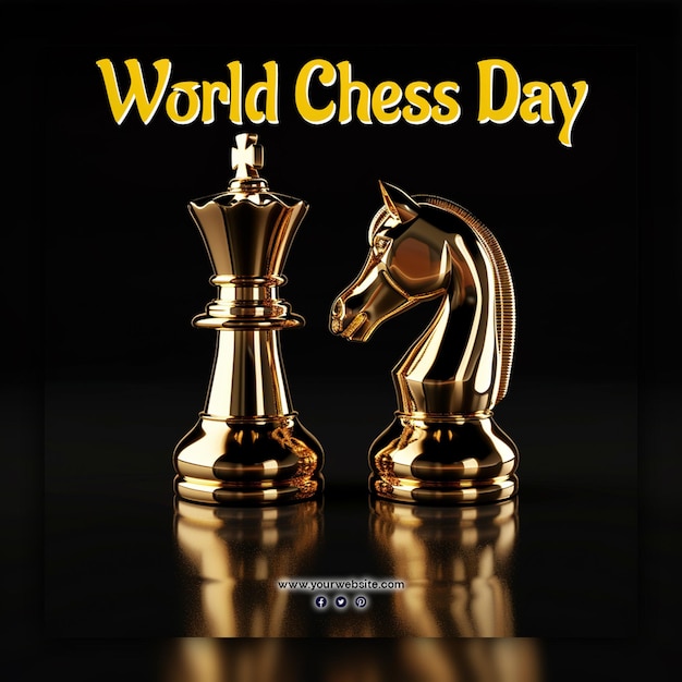 Día mundial del ajedrez piezas de ajedrez rey reina y caballero tablero de ajedres estética de oro para publicación en redes sociales