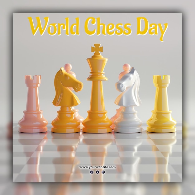 Día mundial del ajedrez piezas de ajedrez rey reina y caballero tablero de ajedres estética de oro para publicación en redes sociales