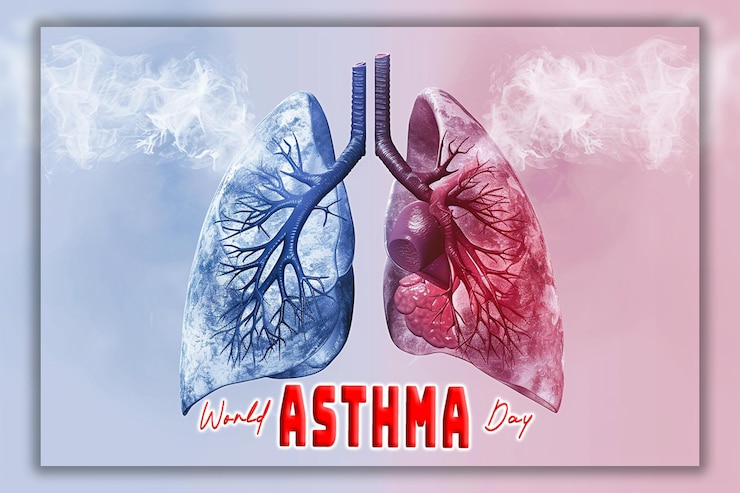 PSD día mundial del asma día de la pneumonía concepto realista con un fondo de pulmones sanos