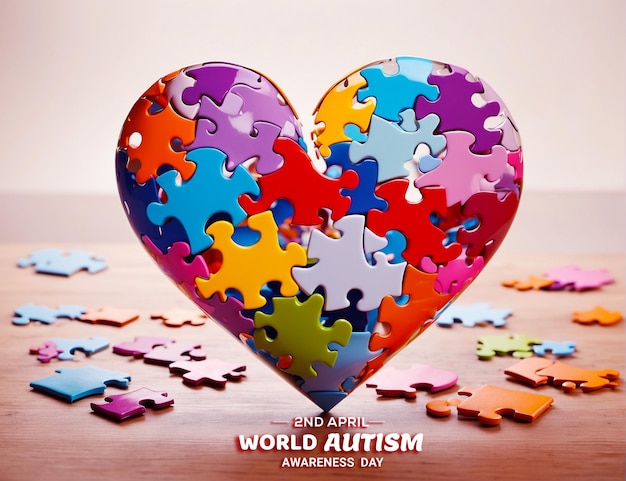 PSD día mundial del autismo 2 de abril con un corazón de rompecabezas colorido