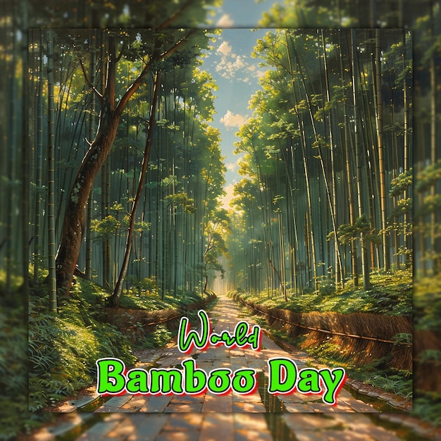 PSD día mundial del bambú: ramas de bambú con gotas de lluvia para el diseño de publicaciones en las redes sociales