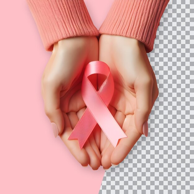 PSD día mundial de concienciación sobre el cáncer concepto soy y voy a manos de la mujer con cinta rosa cáncer de mama