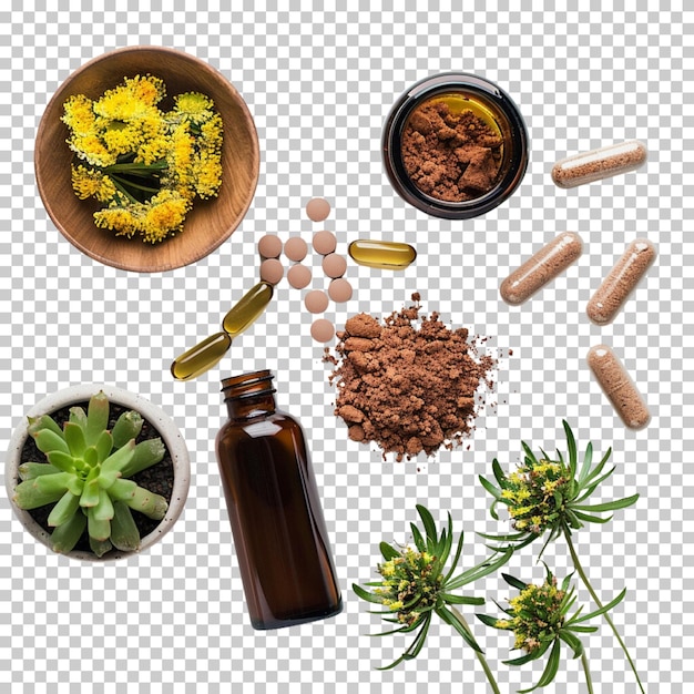 PSD dia mundial da homeopatia e tratamento médico com ervas isoladas em fundo transparente
