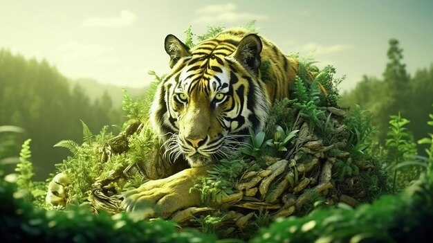 PSD dia mundial da vida selvagem com o conceito de vida selvagem do tigre na selva