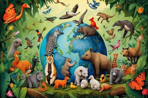 PSD dia mundial da vida selvagem com os animais na selva e na floresta