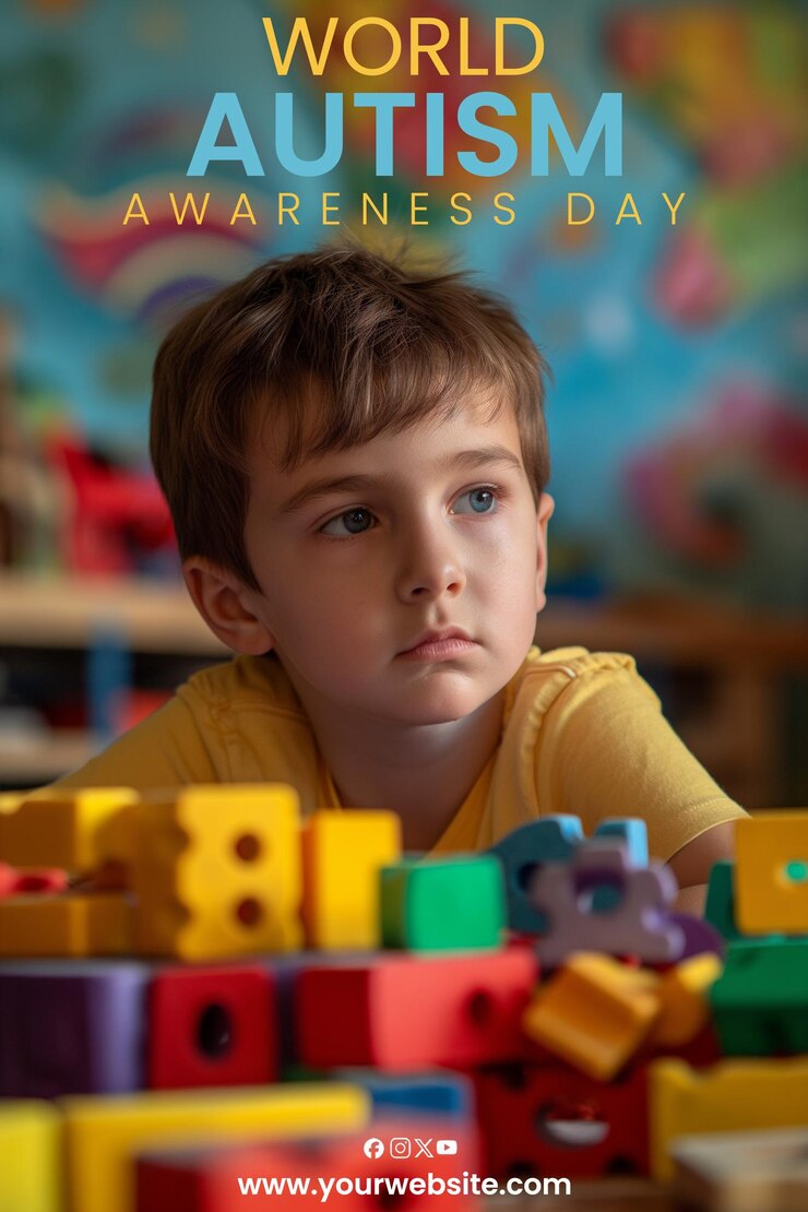 PSD dia mundial de conscientização sobre o autismo menino com peças de quebra-cabeça