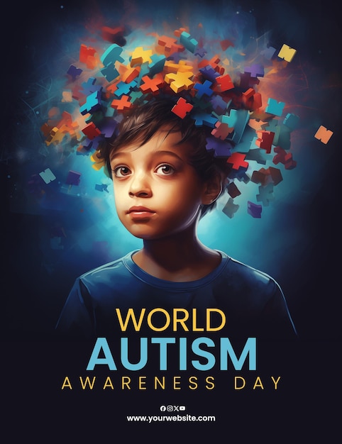 PSD dia mundial de conscientização sobre o autismo menino com peças de quebra-cabeça