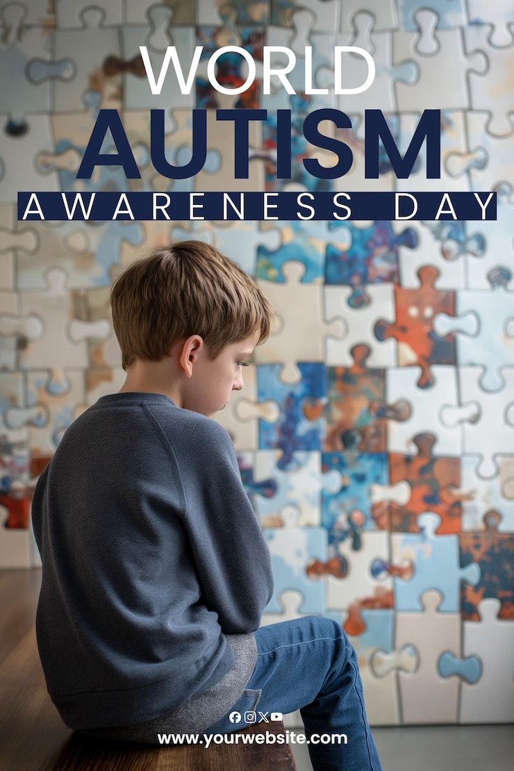 PSD dia mundial de conscientização sobre o autismo menino com peças de quebra-cabeça