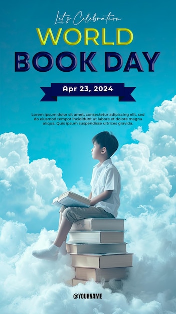 Dia mundial do livro com um fundo de uma criança pequena sentada em um arranjo de livros acima do