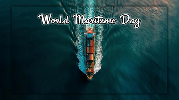 Dia mundial do mar com o mar e o navio em azul celebração náutica para design de postagem de mídia social