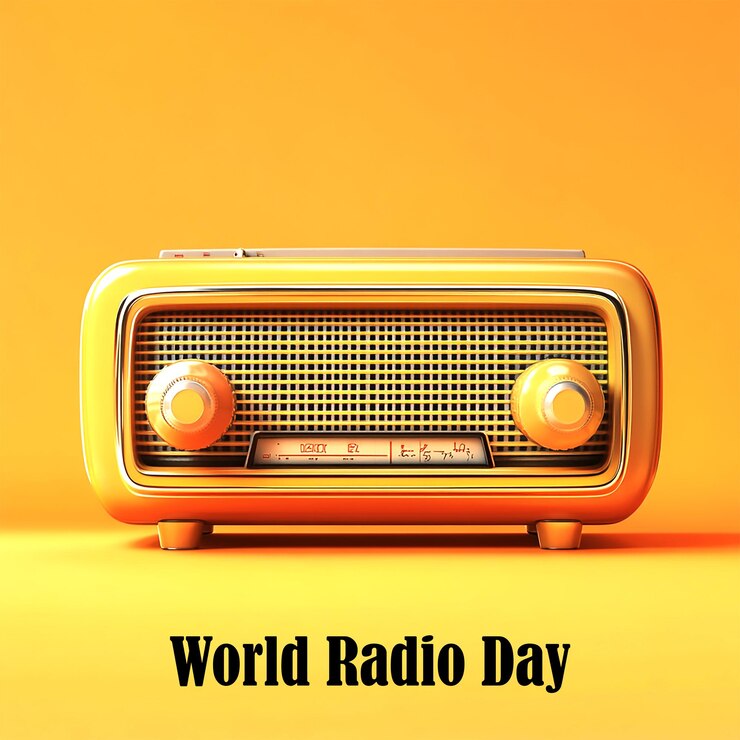 PSD dia mundial do rádio com o rádio retro amarelo