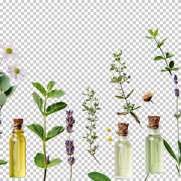PSD día mundial de la homeopatía y tratamiento médico con hierbas aisladas sobre un fondo transparente