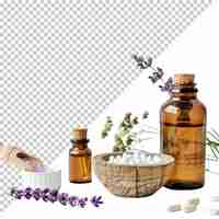 PSD día mundial de la homeopatía y tratamiento médico con hierbas aisladas sobre un fondo transparente