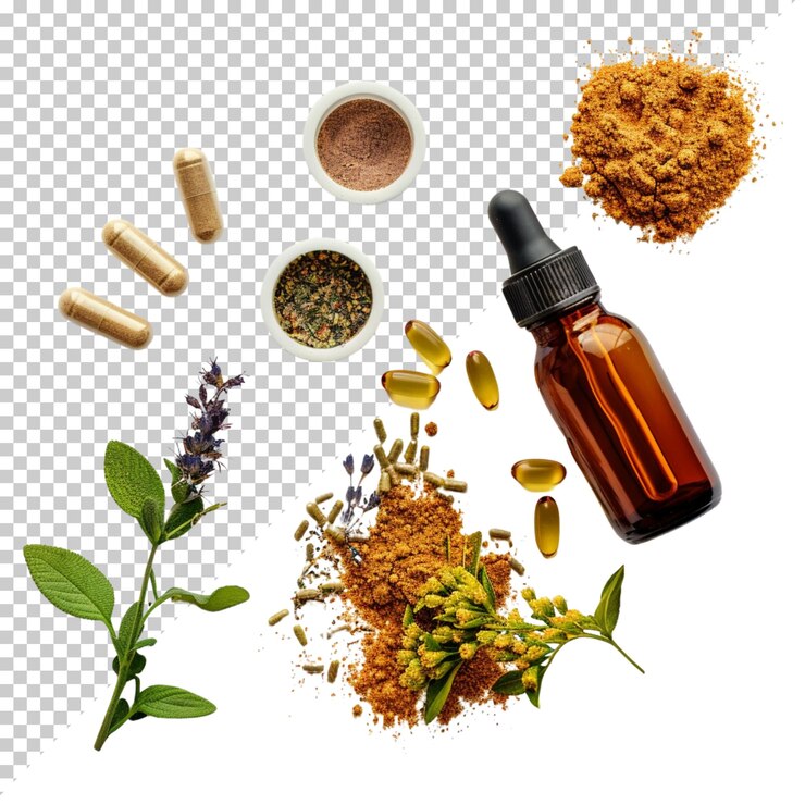 PSD día mundial de la homeopatía y tratamiento médico con hierbas aisladas sobre un fondo transparente