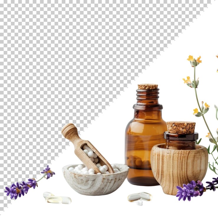 PSD día mundial de la homeopatía y tratamiento médico con hierbas aisladas sobre un fondo transparente