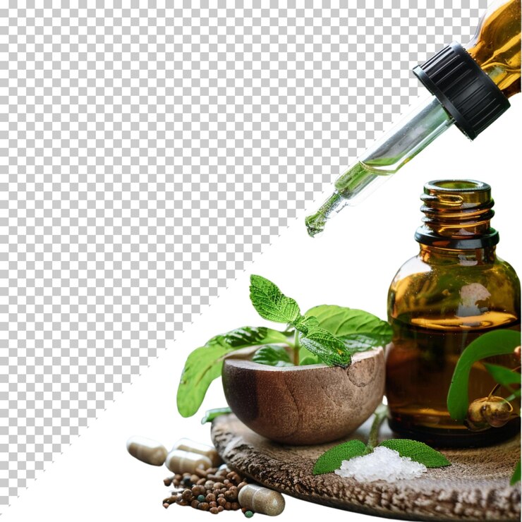 PSD día mundial de la homeopatía y tratamiento médico con hierbas aisladas sobre un fondo transparente