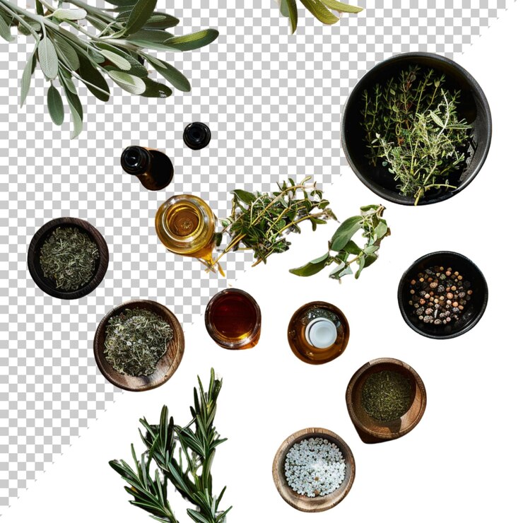 PSD día mundial de la homeopatía y tratamiento médico con hierbas aisladas sobre un fondo transparente