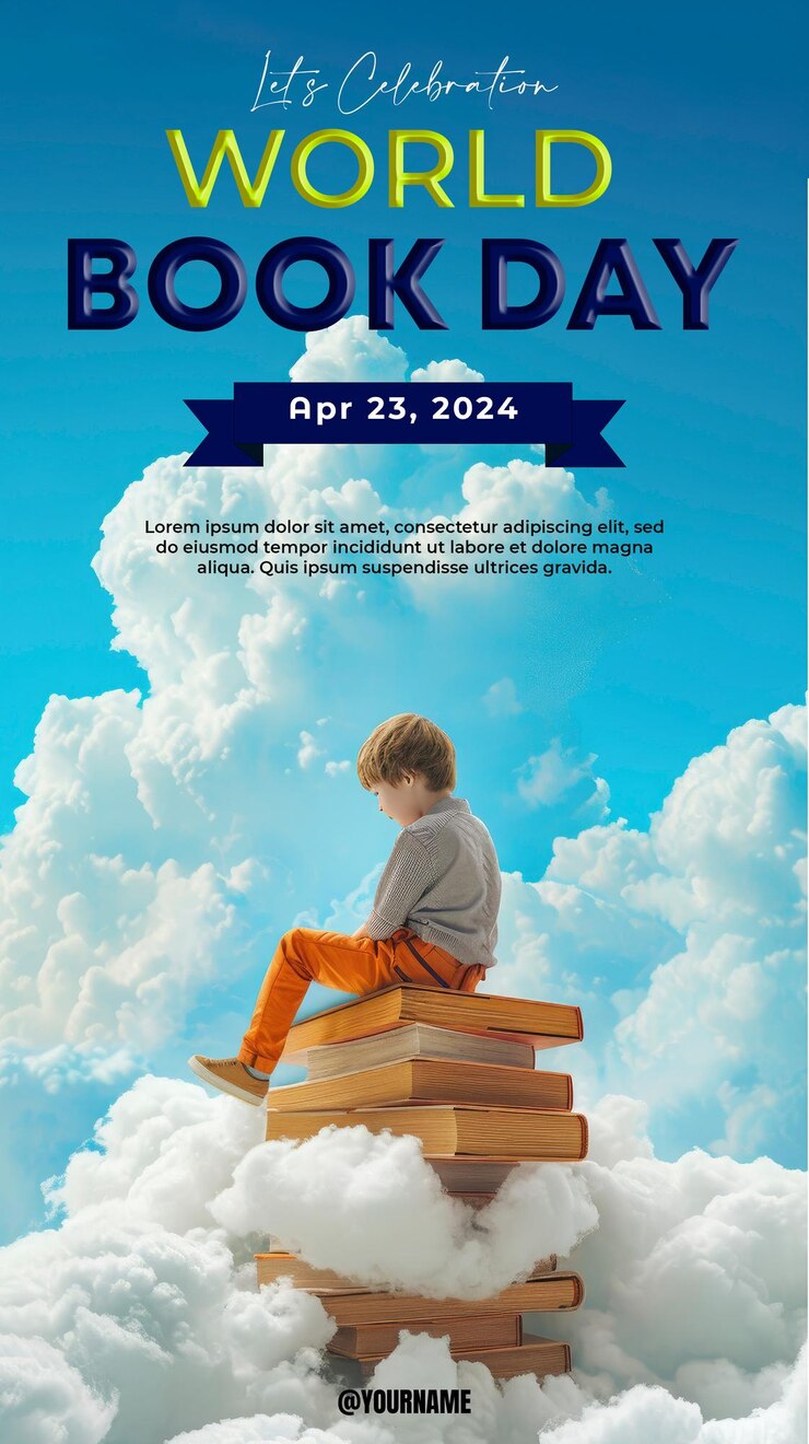 PSD día mundial del libro con un fondo de un niño pequeño sentado en una disposición de libros muy por encima de la