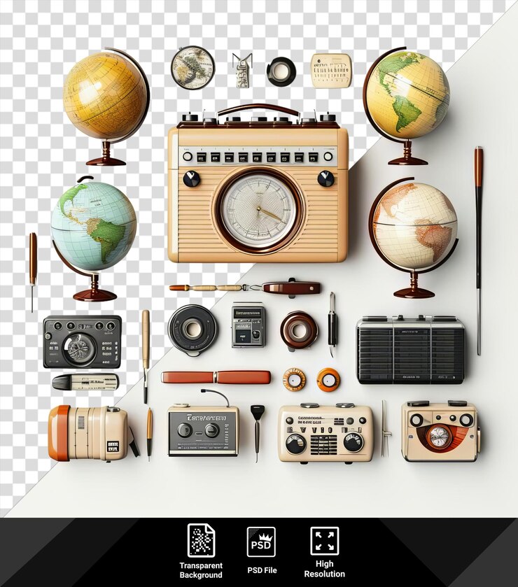 PSD el día mundial de la radio con una cámara plateada, un globo redondo y un mango naranja.