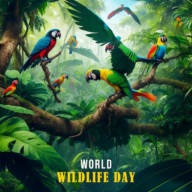 PSD día mundial de la vida silvestre con loros tropicales en el fondo de la selva tropical