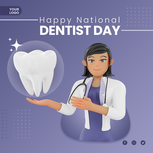 Dia nacional do dentista com modelo de postagem do Instagram de personagem 3d feminina