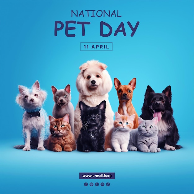 PSD el día nacional de las mascotas se celebra el 11 de abril plantilla de póster con un fondo de perro y gato