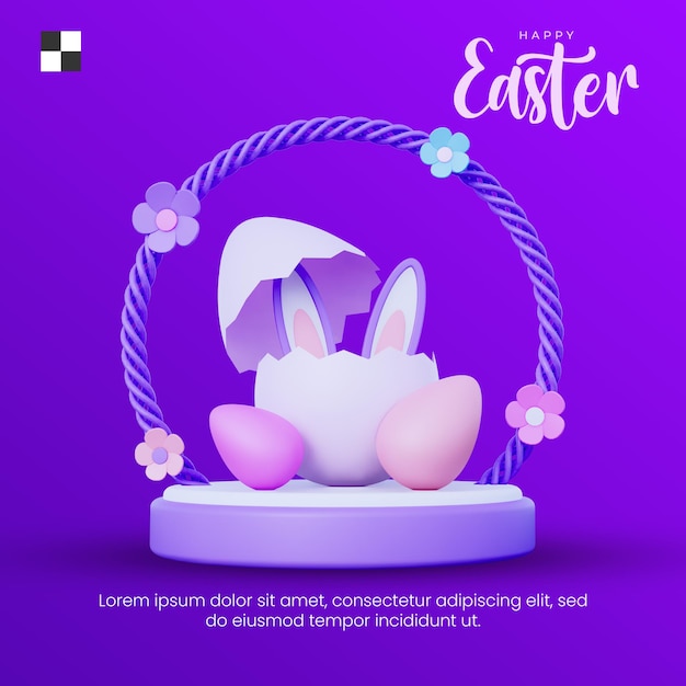 PSD día de pascua con huevos y plantilla de banner de ilustración 3d de conejito