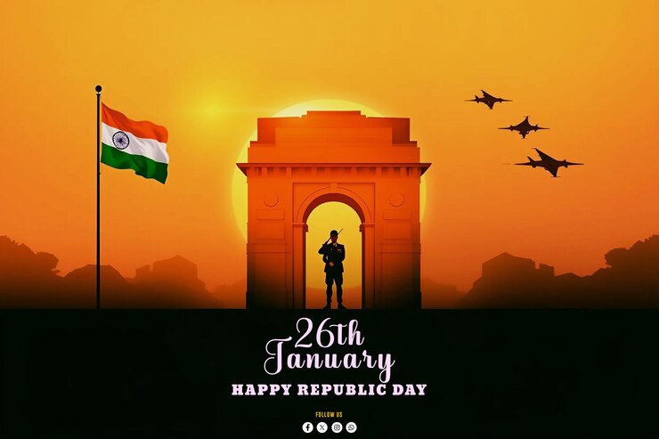 PSD día de la república post de redes sociales diseño con soldados de la puerta de la india aviones de combate y patrióticos