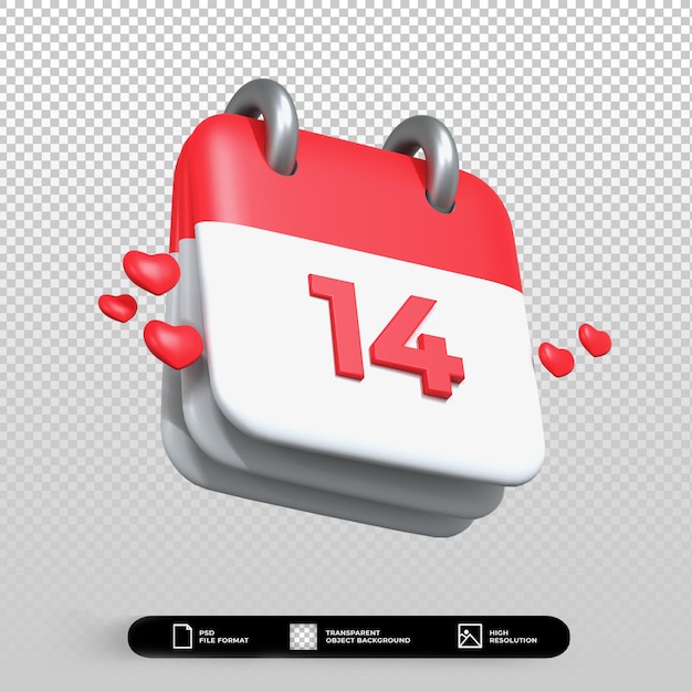 Día de san valentín 3d con ilustración de icono de calendario abierto aislado