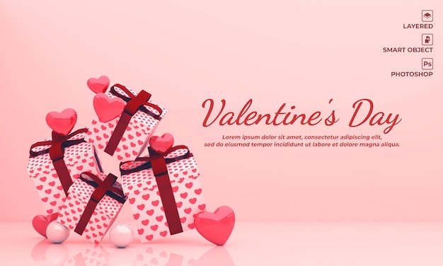 PSD día de san valentín 3d render caja de regalo blanca, amor rojo para maqueta de fondo y pancarta