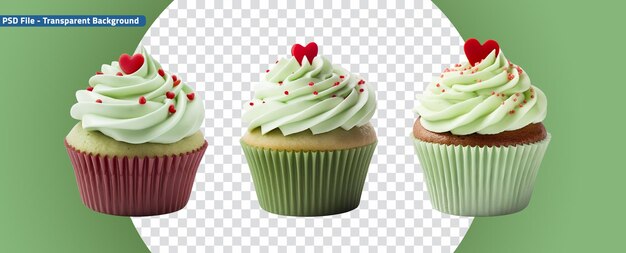 Día de san valentín conjunto especial de muffins cupcake verdes con corazón en la parte superior diseño plantilla de maqueta