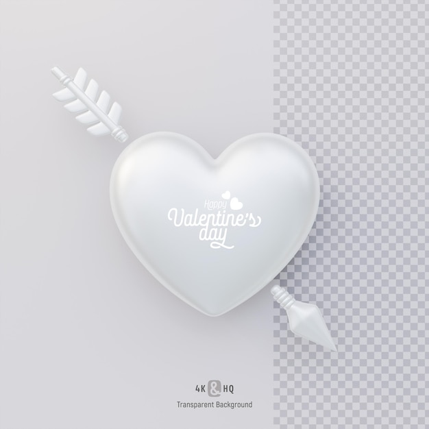 PSD día de san valentín corazón blanco perla con flecha ilustración 3d aislada