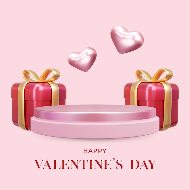 Día de san valentín con ilustración de renderizado 3d de regalo de podio